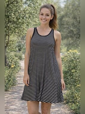 A New Day Black White Striped Swing Dress L Sleeveless Casual Tank Dress